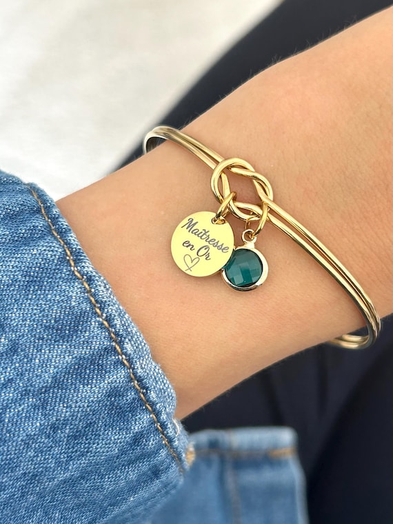 Bracelet jonc maîtresse personnalisé, cadeau merci maîtresse, cadeau enseignant, cadeau nounou, ATSEM, cadeau saint valentine personnalisé