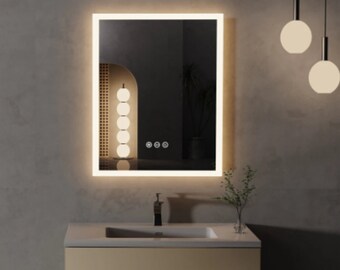 LED Light Bathroom Mirror, Wall Mounted Backlit Touch Mirror, Dimmable Defog Vanity Makeup Mirror