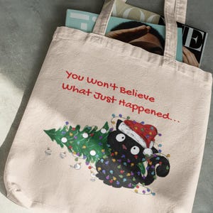 Black Cat Christmas Cotton Canvas Tote Bag, Holiday Reusable Shopping Bag, Funny Cat Lover Gift, Eco-Friendly Tote, Unique Shoulder Bag