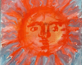 Original Oil Painting on Canvas Signed Delune Rare Collectible Modern Art OOAK Heraldic Ancient Sun