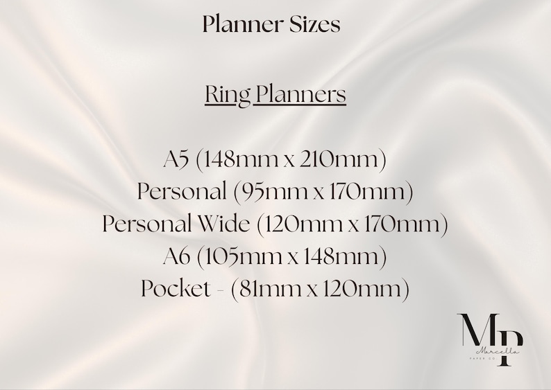 May include: A chart titled Planner Sizes and Ring Planners listing dimensions in millimeters: A5 148mm x 210mm, Personal 95mm x 170mm, Personal Wide 120mm x 170mm, A6 105mm x 148mm, and Pocket 81mm x 120mm, with the Marcella Paper Co logo at the bottom.