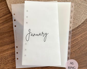 Set of Frosted 12 Monthly Dividers and 12 Vellum Dashboards | A5 Ring Size Bundle | Minimal Planner Dividers | Transparent Divider