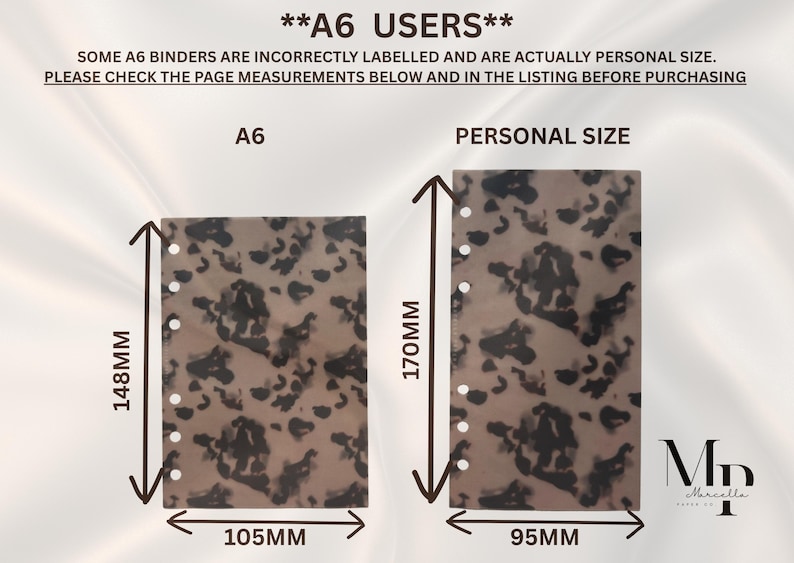 Puede incluir: Dos insertos rectangulares para agenda con estampado de leopardo marr&oacute;n y negro. El inserto A6 mide 148 mm por 105 mm, y el inserto Personal Size mide 170 mm por 95 mm. Ambos tienen una fila vertical de seis agujeros circulares.