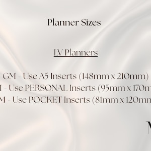 May include: A chart titled Planner Sizes for LV Planners listing dimensions: GM uses A5 inserts at 148mm x 210mm, MM uses Personal inserts at 95mm x 170mm, and PM uses Pocket inserts at 81mm x 120mm. The text is dark brown on a light cream background.