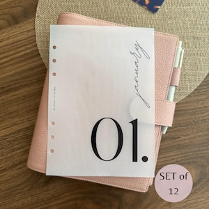 Puede incluir: Una agenda de cuero rosa claro con un inserto de papel vegetal blanco translúcido que muestra el texto January y el número 01 en negro. Un bolígrafo blanco está insertado en el lazo lateral de la agenda, que tiene una serie de agujeros en el borde izquierdo.
