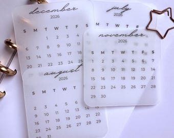 Tarjetas de fecha mensuales de vitela 2026 / Tarjeta de diario / Tarjeta de planificador / Tablero para planificador / Diario / Disco / Anillo / Divisor / Minimalista