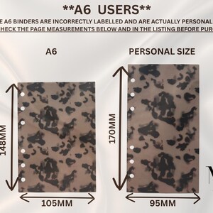 May include: Two rectangular planner inserts with a brown and black leopard print pattern. The A6 insert measures 148mm by 105mm, and the Personal Size insert measures 170mm by 95mm. Both feature a vertical row of six circular holes for binder rings.