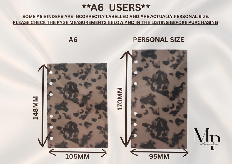 May include: Two rectangular planner inserts with a brown and black leopard print pattern. The A6 insert measures 148mm by 105mm, and the Personal Size insert measures 170mm by 95mm. Both feature a vertical row of six circular holes for binder rings.
