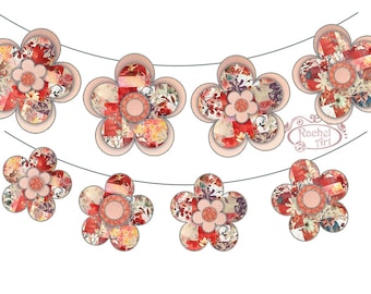 May include: A garland of seven red, orange, and white paper flowers with a white string connecting them. The flowers are patterned with various floral designs and have a polka dot center. The garland is labeled "Rachel Art".