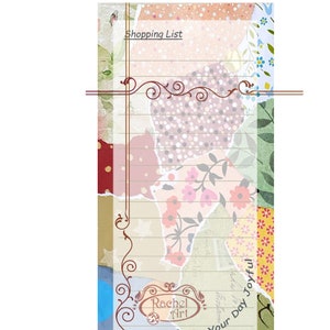 Peut inclure: Un bloc-notes de liste de courses color&eacute; avec un motif floral et le texte "Make Your Day Joyful" et "Rachel Art".