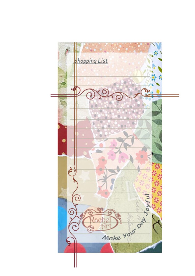 Peut inclure: Un bloc-notes de liste de courses color&eacute; avec un motif floral et le texte "Make Your Day Joyful" et "Rachel Art".