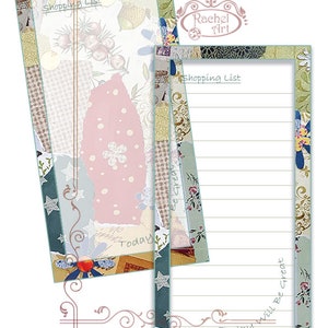 May include: Two colorful shopping list notepad pads with a floral and patchwork design. The text "Shopping List" and "Today will be great" are on the pads.