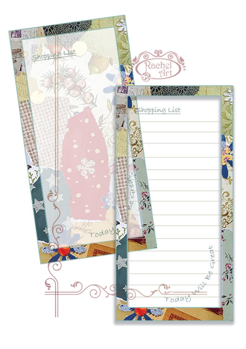 May include: Two colorful shopping list notepad pads with a floral and patchwork design. The text "Shopping List" and "Today will be great" are on the pads.