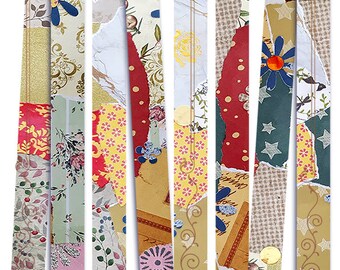 May include: A collage of colorful patterned paper strips with a variety of floral and geometric designs. The strips are arranged in a vertical format, creating a patchwork effect.
