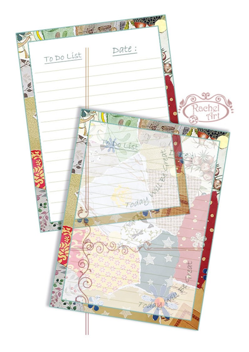 May include: Two printable to-do list templates with a colorful patchwork design. The text "To Do List" and "Date:" are printed on the top of the page. The text "Today Will Be Great" is printed on the bottom of the page.