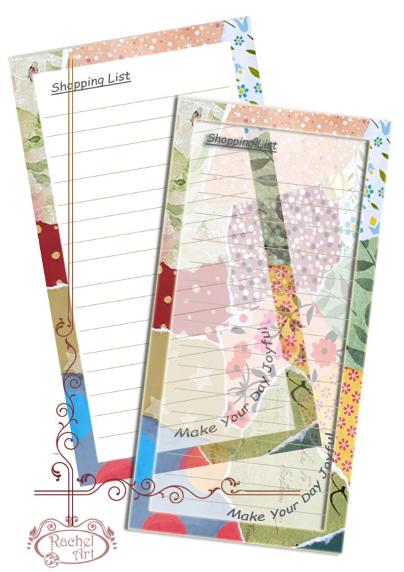 Peut inclure: Deux blocs-notes de liste de courses color&eacute;s avec un motif floral et le texte "Make your day joyful".