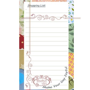 Peut inclure: Un bloc-notes de liste de courses color&eacute; avec un motif floral et le texte "Make Your Day Joyful" et "Rachel Art" dans un cadre d&eacute;coratif.