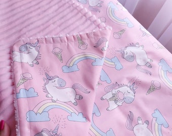 Manta de niña minky rosa unicornio, edredón rosa esponjoso, juego de cuna de ropa de cama para bebés de guardería, manta de bebé de felpa, regalo de babyshower, regalo de nueva mamá