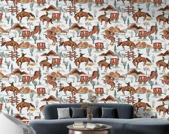 Western Cowboy Wall Mural, Horse Riding Wallpaper, Rustic Desert Wall Art, Wild West Theme Decor, Vintage Cowboy Wallpaper