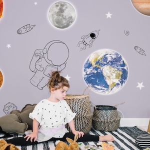 Kids Space Wall Mural with Astronaut, Planets, and Stars – Outer Space Wallpaper for Playroom or Nursery