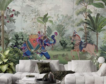 Indian Elephant Wall Mural, Exotic Jungle Wallpaper, Oriental Horse Wall Art, Luxury Palace Decor, Royal India Theme Mural