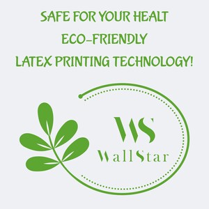 Pu&ograve; includere: Sfondo bianco con grafica verde chiaro. Il testo recita "SAFE FOR YOUR HEALT, ECO-FRIENDLY, LATEX PRINTING TECHNOLOGY!". Sono visibili anche un motivo a foglie e il logo WallStar.