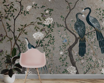 Peacocks and flowers Wallpaper , Vintage Tree Branches and Birds Wall Mural , Retro Floral Mural