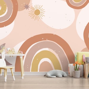 Boho Colors Kids Room Rainbow Wallpaper, Pastel Colors Rainbow Themed Nursery Wall Mural, Removable Cute Rainbow Mural for Girls