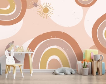 Boho Colors Kinderzimmer Regenbogen Tapete, Pastellfarben Regenbogen Themed Kinderzimmer Wandbild, Abnehmbares niedliches Regenbogen Wandbild für Mädchen