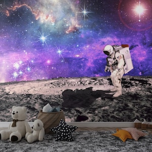 Carta da parati a tema astronauta e galassia per la cameretta dei bambini di lusso - murale per la cameretta dei bambini con effetto viola