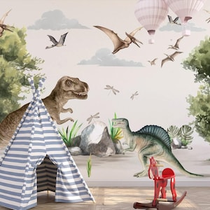 Dinosaur Wall Mural for Kids Room Nursery Wallpaper with T Rex Pterosaurs Jungle Prehistoric Scene Boys Bedroom Decor Dino Wall Art