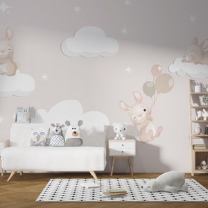 Carta da parati per cameretta per bambini con simpatici conigli sulle nuvole, decorazione murale rimovibile per la cameretta delle ragazze, carta da parati per cameretta per ragazze in colori pastello