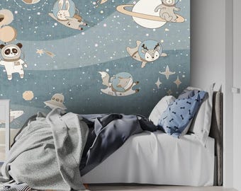 Carta da parati a tema astronauta con piccoli animali dolci, design per l'arredamento della cameretta dei bambini - Decorazione murale per la cameretta dei bambini