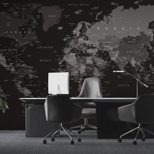 Zwart behangontwerp met wereldkaartthema voor kantoorinrichting - Muurschildering met kaart voor tienerkamer
