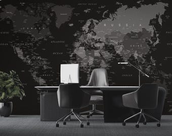 Schwarze Weltkarten-Tapetendesign für Bürodekor-Kartenwandbild für Jugendzimmer