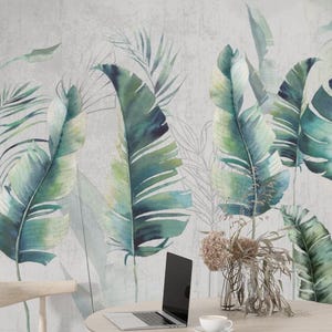 Watercolor Banana Leaf Wall Mural – Tropical Green Botanical Peel and Stick Wallpaper for Living Room or Office