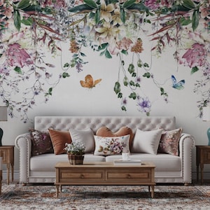 Floral design Wallpaper with colorful flowers details-Mural design for aesthetic home decor