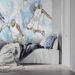 Carta da parati a tema basket azzurro per la cameretta dei bambini - Murale dal design sportivo con stacca e incolla