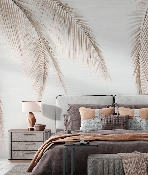 Beige Blätter Tapete, Schälen und aufkleben Wandbild Tapete, Federn Tapete, Schlafzimmer Design Wandbild