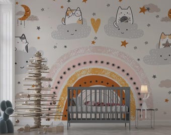 Cute Cat Rainbow Wallpaper – Kids Nursery Wall Mural with Clouds, Stars, and Moons