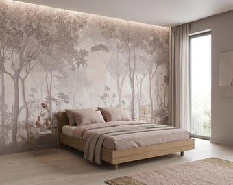 Erröten Wald Tapete Wandbild, nebliger Wald Wanddekor, weiche neutrale Natur Landschaft Tapete für Schlafzimmer Innenraum