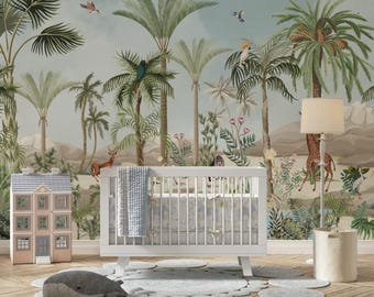 Tropisch inspirierte Tapete für Kinderzimmer, weiches Wandbild mit Tieren