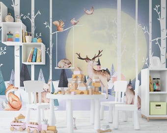 Bosbehang kinderkamer met herten en dieren Kinderbosbehang voor babykamer speelkamer