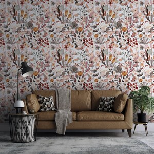 Boho Little Flowers Wallpaper ,Various Flowers Mural ,Bedroom Design Floral Wallpaper, Art Deco Boho Style Floral Mural