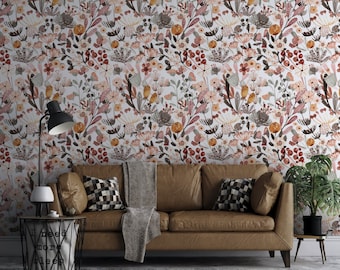 Boho kleine Blumen Tapete, verschiedene Blumen Wandbild, Schlafzimmer Design Blumentapete, Art-Deco-Boho Style Blumenwandbild