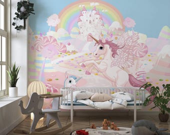 Einhorn und Märchen Design Tapete für Prinzessinnenzimmer-Pinky Themen Wandkunst für Kinderzimmer