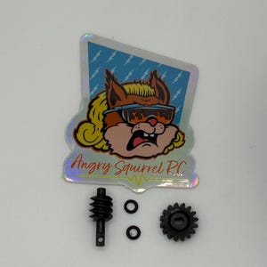 以下が含まれることがあります： サングラスと炎のデザインをした漫画のリスが描かれたAngry Squirrel RCのステッカー。また、黒いウォームギア、2つの小さな黒いOリング、16歯の黒いギアも見えます。