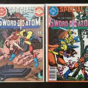 May include: Two comic book covers featuring the title "Sword of the Atom". The first cover is from 1984 and features a red-haired woman and a man in a blue and red costume. The second cover is from 1985 and features a man in a yellow costume riding a bird-like creature.