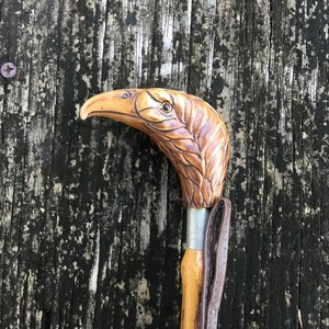 May include: A wooden walking cane with a carved eagle head handle. The eagle head is detailed with brown and tan hues, and the shaft is a light brown color. A brown leather strap is attached near the top.