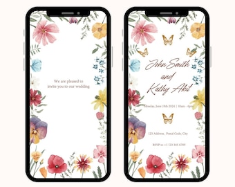 Floral Wedding Invitation, Floral Digital Invitation, Butterfly invitation Template, Pretty Mobile Invite, Instant Download (Version 2)